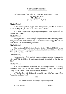 Đề thi chọn đội tuyển học sinh giỏi dự thi cấp tỉnh năm học 2015-2016 môn lịch sử 9
